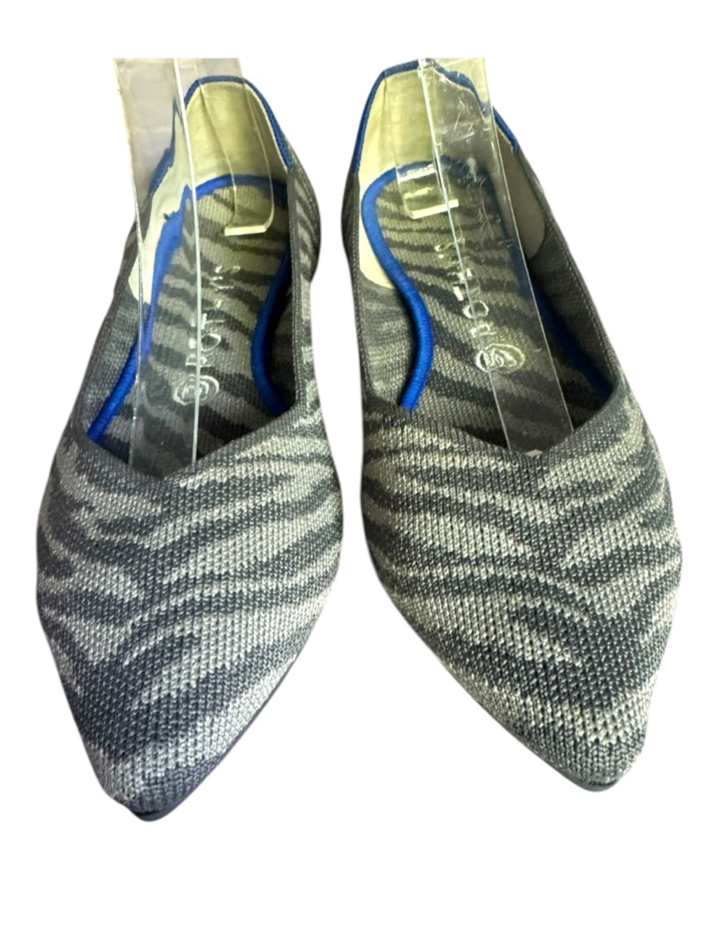 Rothy's Gray Zebra Knit Pointed Flats with Blue Trim